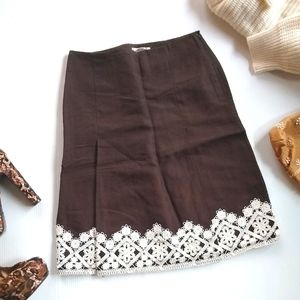 LOFT crochet hem linen blend brown A-line skirt